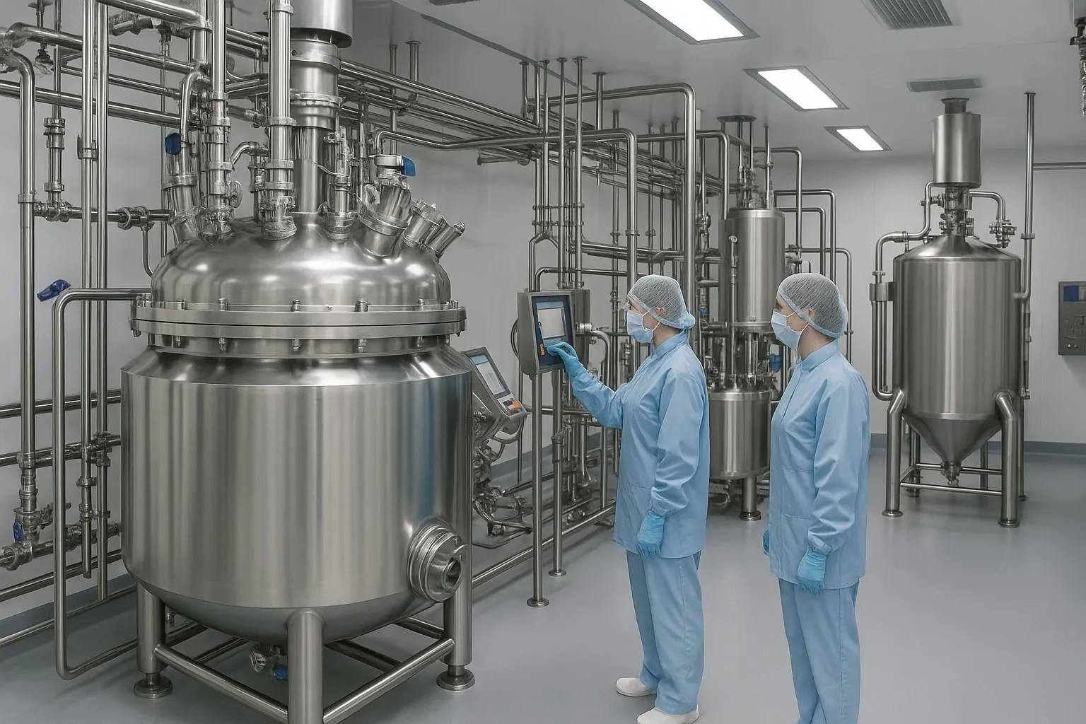 Sistema de tuberías de acero inoxidable en sala limpia farmacéutica