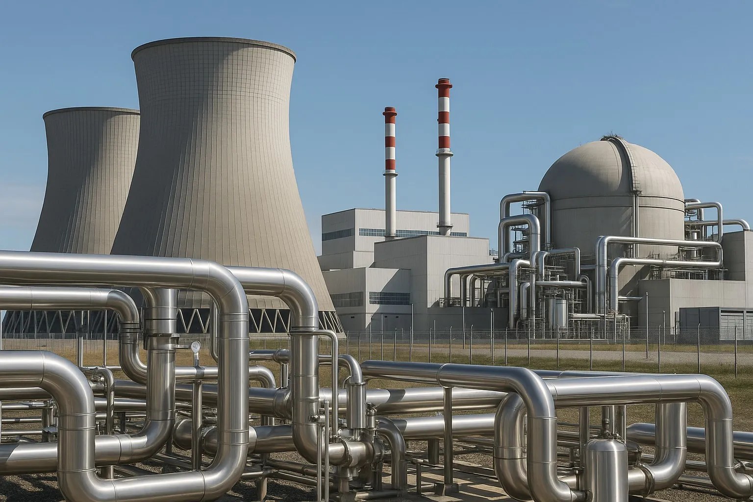 Instalaciones de acero inoxidable en planta nuclear con cielo despejado