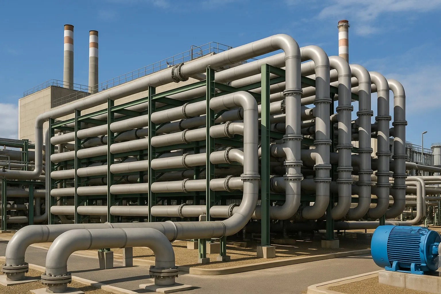 Instalación de tratamiento de aguas con tuberías de acero inoxidable en exterior