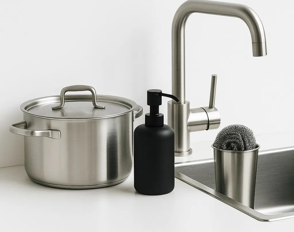 Cazuela, fregadero y grifo de acero inoxidable para cocina