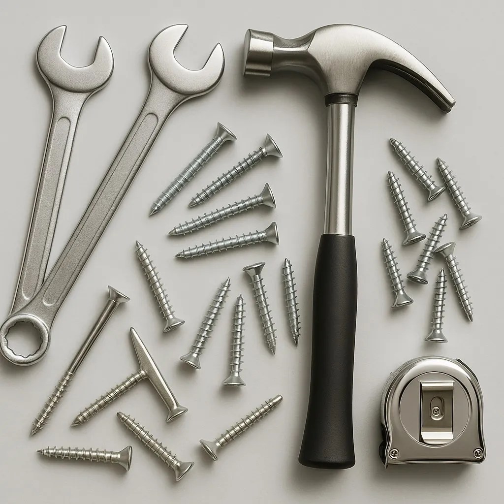 Herramientas de acero inoxidable: llaves, martillo, tornillos y cinta métrica
