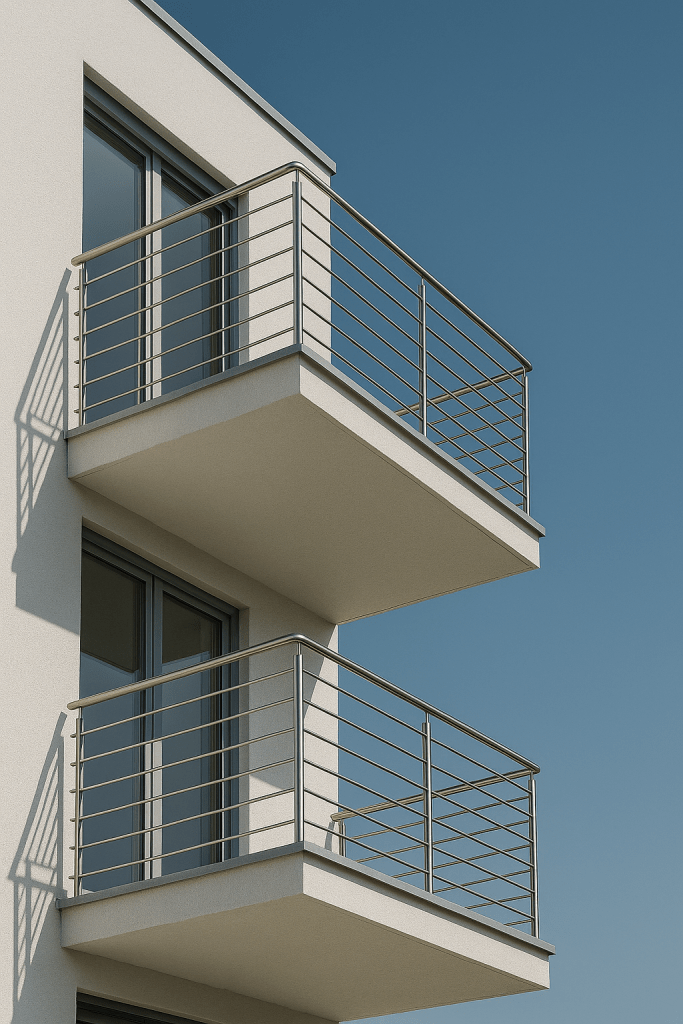 Barandillas de acero inoxidable instaladas en balcones modernos de un edificio residencial bajo cielo despejado.