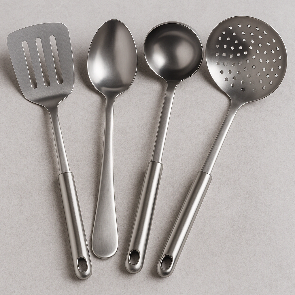 Utensilios de cocina de acero inoxidable: espumadera, cucharón, espátula y cuchara perforada sobre superficie gris