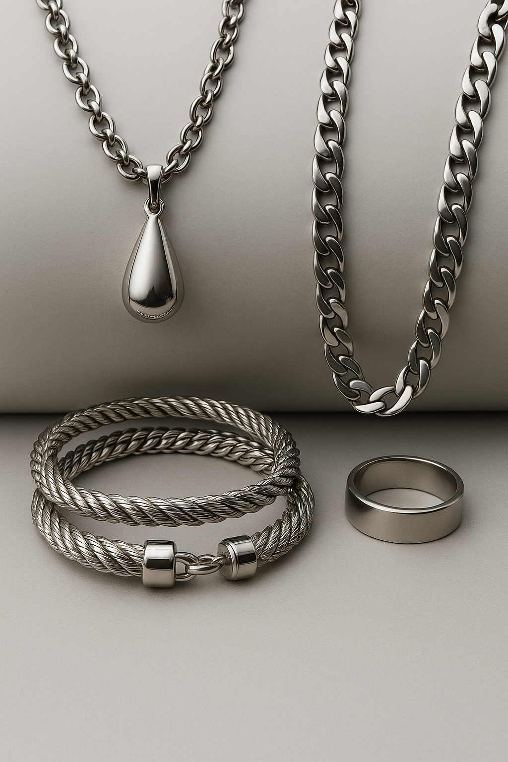 Conjunto de joyas de acero inoxidable para hombre y mujer: collares, pulseras y anillos