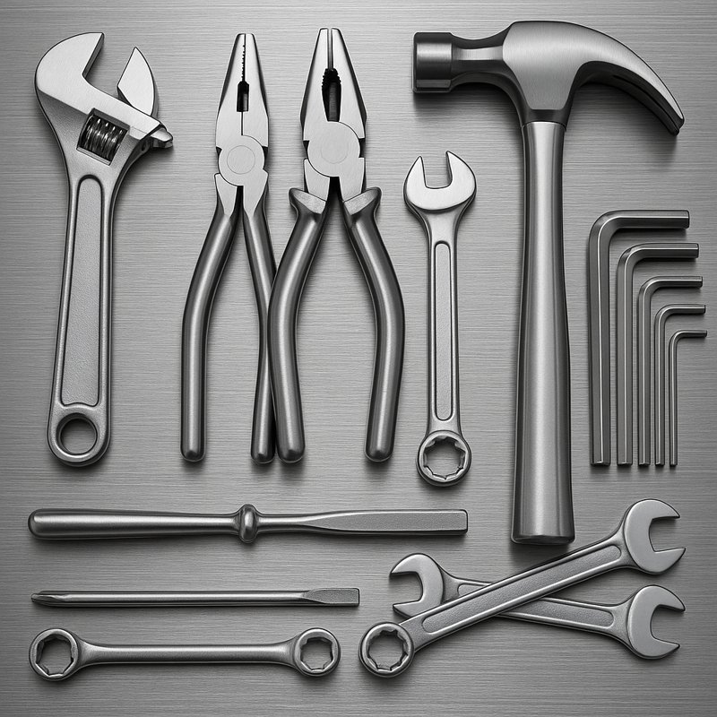 Herramientas de acero inoxidable sobre superficie metálica: llaves, destornilladores, alicates y martillo